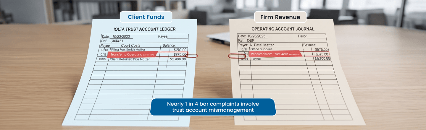 Law firm accounting illustration showing separate client trust and firm operating accounts, with an $875 transfer highlighted between the accounts and a note about trust account mismanagement.